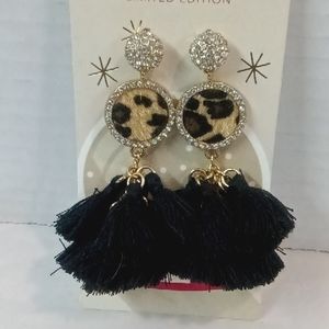Faux Fur Leopard Print Tassel Drop Earrings NEW